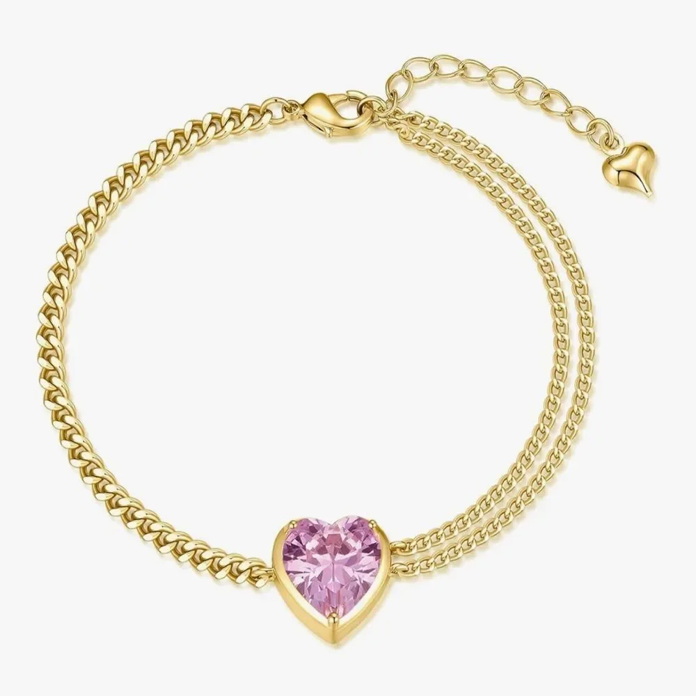 NEW 18k Gold Plated Gold Heart Bracelet with Pink Stone